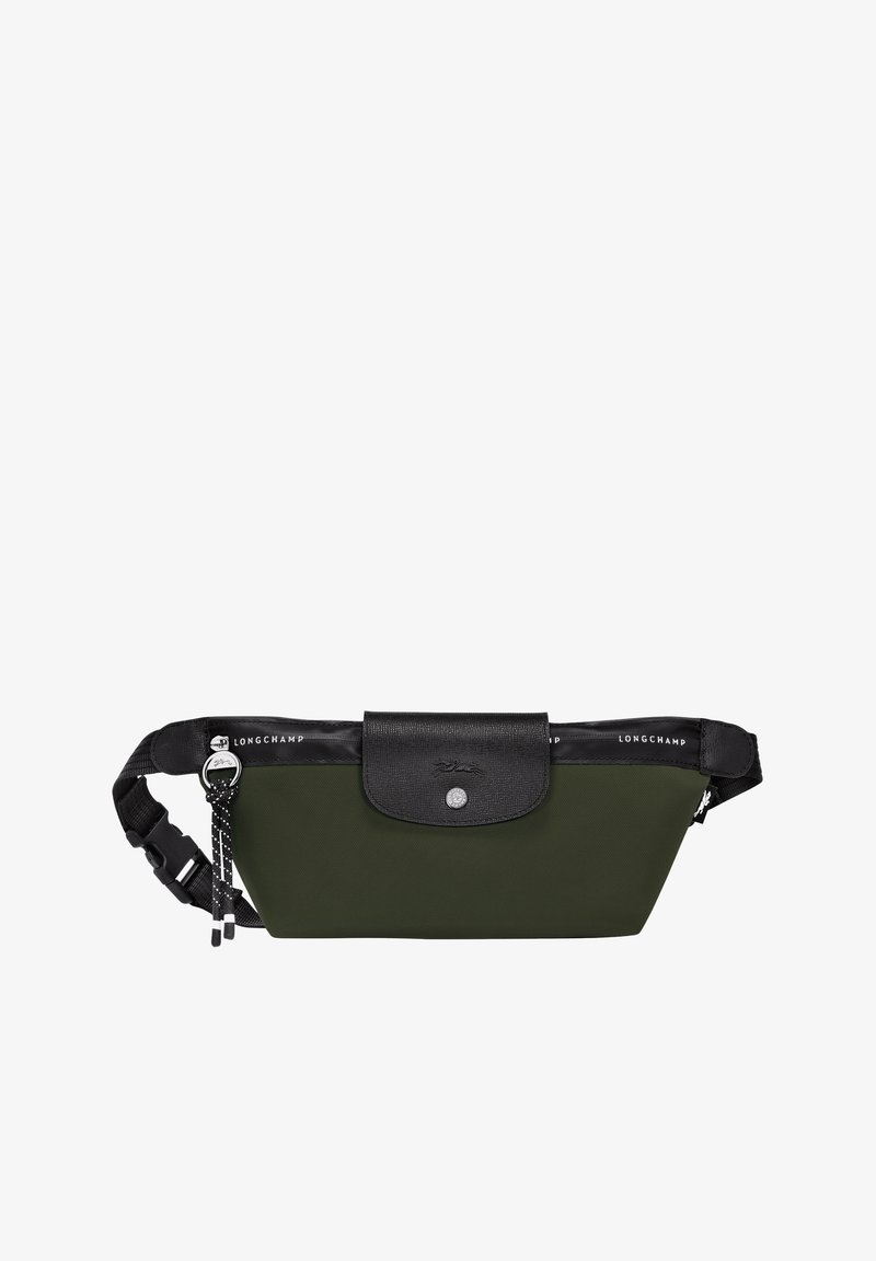 Grünes Nylon-Bauchband mit einem schwarzen Lederoberteil, ausgestattet mit einem Druckverschluss, silbernen Hardware-Akzenten und einem verstellbaren schwarzen Tragegurt.