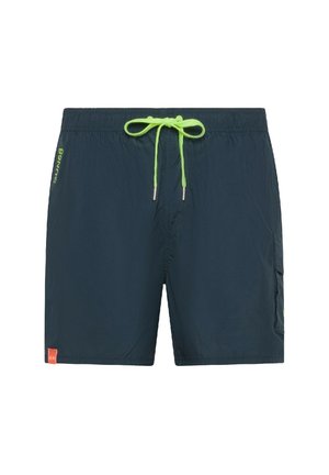 Shorts da bagno blu navy con vita elasticizzata e cordino verde. Presentano una tasca laterale, dettagli in logo verde brillante e un'etichetta rossa.
