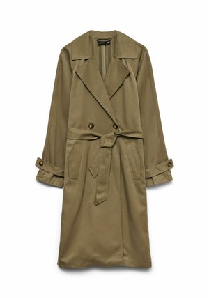 Khaki värvi trenžmantel laia krae, topeltrea nööpide, vööd vöökohtadel ja nööbitavate pikkade varrukate mansettidega.