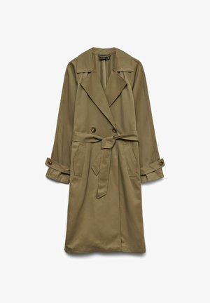 Khaki värvi trenžmantel laia krae, topeltrea nööpide, vööd vöökohtadel ja nööbitavate pikkade varrukate mansettidega.