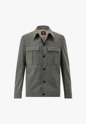 Grau-kapuzensakko aus strukturiertem Stoff mit zwei Brusttaschen, einem spitzen Kragen und einer vorderen Knopfleiste.