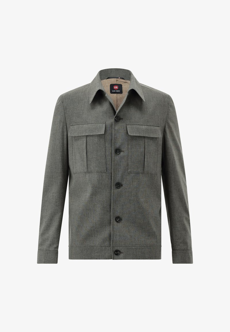 Grau-kapuzensakko aus strukturiertem Stoff mit zwei Brusttaschen, einem spitzen Kragen und einer vorderen Knopfleiste.