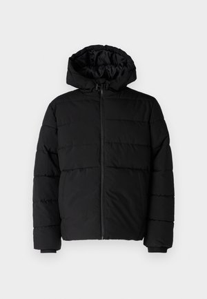 Black puffer jacket featuring a zip front, a hood, and horizontal quilted design. Made of a smooth, durable fabric with ribbed cuffs.