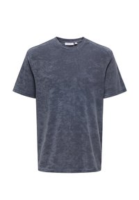 Graues Baumwoll-T-Shirt mit rundem Halsausschnitt und kurzen Ärmeln. Besitzt einen weichen, strukturierten Stoff und einen lässigen Schnitt. Keine sichtbaren Muster oder Grafiken.