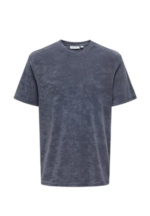 Graues Baumwoll-T-Shirt mit rundem Halsausschnitt und kurzen Ärmeln. Besitzt einen weichen, strukturierten Stoff und einen lässigen Schnitt. Keine sichtbaren Muster oder Grafiken.