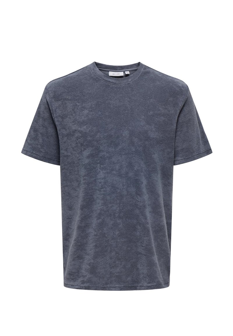 Graues Baumwoll-T-Shirt mit rundem Halsausschnitt und kurzen Ärmeln. Besitzt einen weichen, strukturierten Stoff und einen lässigen Schnitt. Keine sichtbaren Muster oder Grafiken.