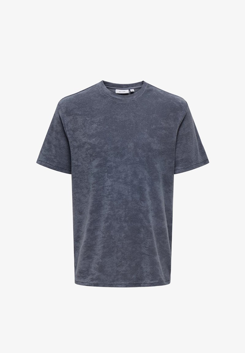 Graues Baumwoll-T-Shirt mit rundem Halsausschnitt und kurzen Ärmeln. Besitzt einen weichen, strukturierten Stoff und einen lässigen Schnitt. Keine sichtbaren Muster oder Grafiken.