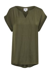 Blusa verde oliva hecha de tejido liviano, con escote en V, mangas cortas enrolladas y un patrón de puntos en toda la prenda.