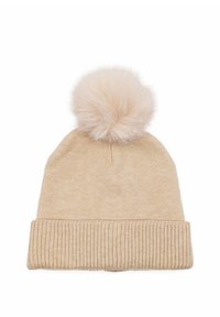 Berretto a maglia beige con bordo a coste testurizzato e un grande pompon morbido sulla parte superiore. Materiale in filato morbido per calore e comfort.