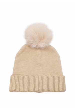 Berretto a maglia beige con bordo a coste testurizzato e un grande pompon morbido sulla parte superiore. Materiale in filato morbido per calore e comfort.