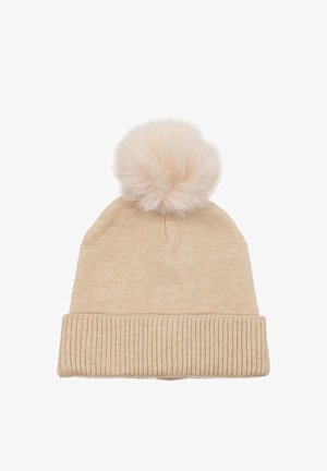 Berretto a maglia beige con bordo a coste testurizzato e un grande pompon morbido sulla parte superiore. Materiale in filato morbido per calore e comfort.