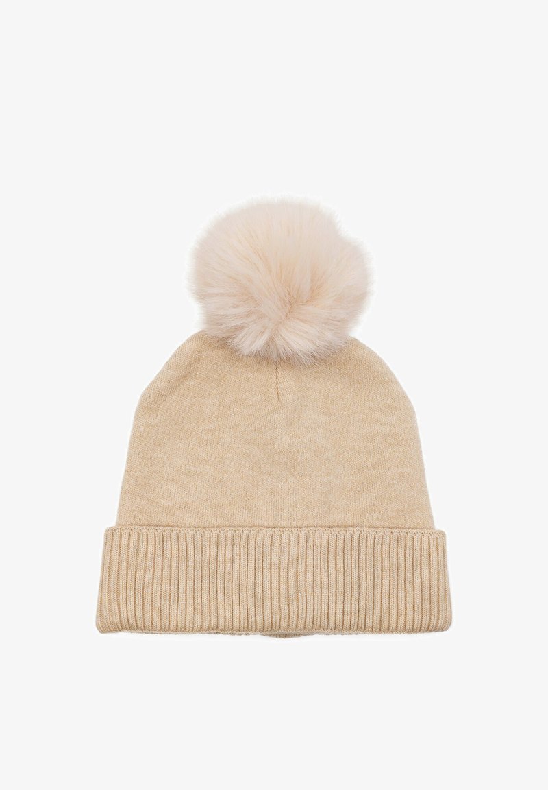 Berretto a maglia beige con bordo a coste testurizzato e un grande pompon morbido sulla parte superiore. Materiale in filato morbido per calore e comfort.
