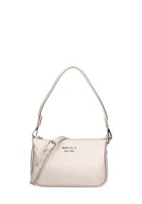 Beige Leder Schultertasche mit Reißverschluss, abnehmbaren Tragegurt und geprägtem "MARC ELLIS" Logo auf der Vorderseite. Glatte Textur und kompaktes Design.