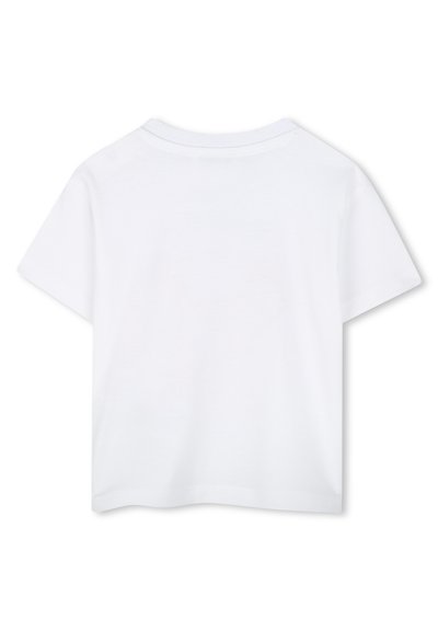 T-shirt en coton blanc avec un col rond et des manches courtes. Texture lisse ; sans motifs ni graphiques. Ourlet droit en bas.