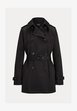 Must topeltrinnaga vihmamantel laia kraega, vöödiga vöökohaga, nööbitavate mansettide ja küljetaskutega, keskmise pikkusega mudel.