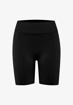 Zwarte rekbare shorts met een hoge tailleband, een gladde textuur en een aansluitend ontwerp, geschikt voor verschillende sportactiviteiten.