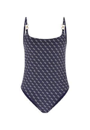 Námornícky jednodielny plavky s diamantovým vzorom v bielej farbe, so zlatými kovovými detailmi na popruhoch a s výstrihom do tvaru člnu.