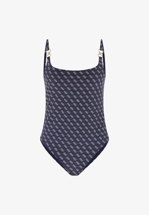 Námornícky jednodielny plavky s diamantovým vzorom v bielej farbe, so zlatými kovovými detailmi na popruhoch a s výstrihom do tvaru člnu.