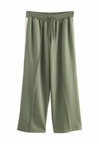 Pantaloni larghi verdi con vita elasticizzata e cordoncino. Presentano tasche laterali e una superficie liscia.