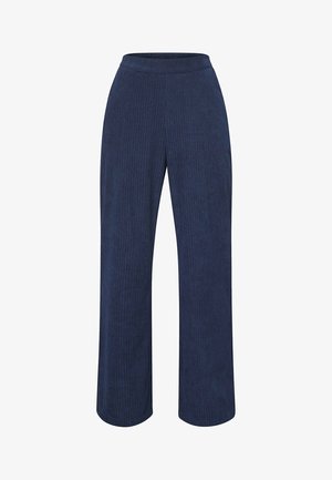 Mørkeblå ribstrikkede bukser med brede ben og elastisk talje, designet til komfort og afslappet brug.