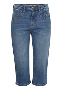 Denim capri hlače v srednje modri barvi z gladko teksturo. Imajo zadrgo, sprednja žepa in diskretne šive na žepih.