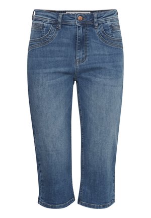 Pantaloni capri din denim de culoare albastru mediu, cu o textură fină. Dispun de fermoar la braguă, buzunare frontale și detalii fine de cusătură pe buzunare.