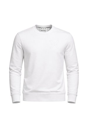 Felpa bianca a maniche lunghe con collo rotondo, polsini e orlo a costine, logo "X" in rilievo sul petto e etichetta con marchio sul collo.