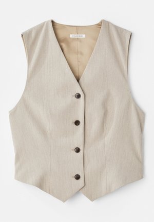 Beige Weste aus strukturiertem Stoff, V-Ausschnitt und fünf dunklen Knöpfen. Mit geradem Saum und ärmellos für einen maßgeschneiderten Look.
