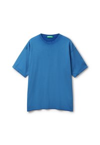 T-shirt di cotone blu con scollo rotondo, maniche corte e vestibilità rilassata. Caratterizzata da un colore solido e una superficie liscia.
