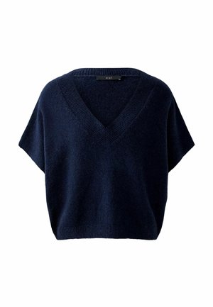 Navy blue short-sleeve knit sweater with deep V-neck and ribbed trim, loose fit, and soft, fuzzy texture.