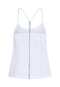 White linen camisole with thin straps, featuring a straight neckline and a vertical blue branding detail at the back. Smooth texture.