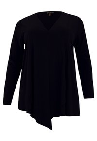 Zwarte tuniek met lange mouwen, een V-hals, een asymmetrische zoom en een gladde textuur. Heeft subtiele stiksels langs de schouders en zijkanten.