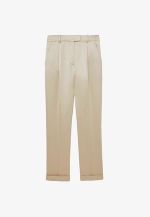 Jasno beżowe spodnie wykonane z gładkiego materiału. Posiadają zakładki, dwie kieszenie z przodu i mankiety u dołu. Prosta nogawka.