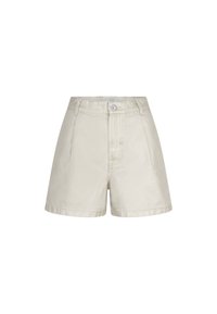 Beige denim shorts met een hoge taille, voorzakken en een enkele knoopsluiting. Glad textuur, getailleerde pasvorm en recht gesneden ontwerp.