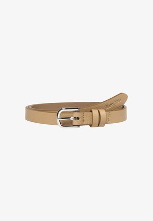 Tan leather belt with a smooth texture, featuring a silver metal buckle and subtle stitching details.