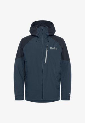 Marineblaue wasserdichte Jacke mit Kapuze, Reißverschluss vorne, grauen Akzenten, elastischen Bündchen und einer Brusttasche. Das Material ist leicht und glatt.