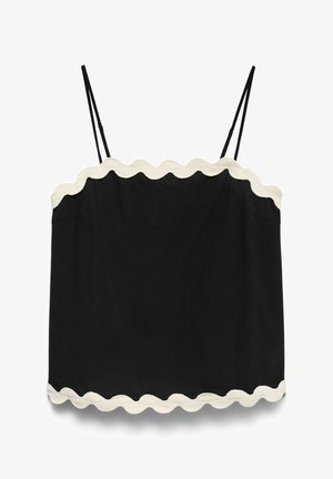 Zwarte mouwloze camisole met dunne verstelbare bandjes en witte gegolfde rand langs de halslijn en zoom.