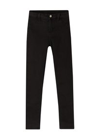 Vaqueros skinny negros de denim con una textura suave, diseño de cinco bolsillos y acento de botón plateado en la cintura.