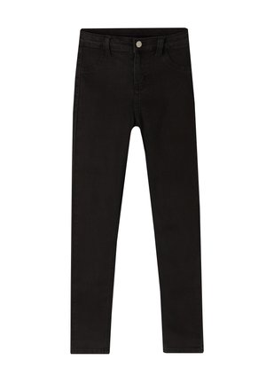 Sorte denim skinny jeans med en glat tekstur, fem-lomme design og sølvknap detaljer ved taljen.