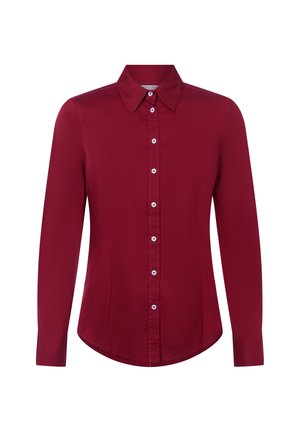 Buttoned long-sleeve red shirt with pointed collar, white buttons down the front, and fitted waist tailored for a slim silhouette.