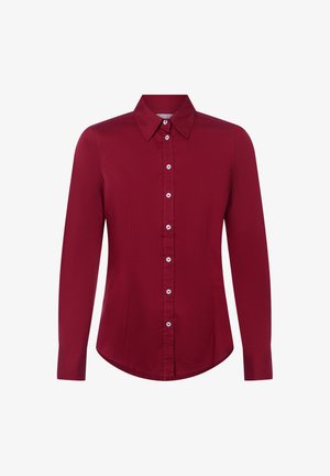 Buttoned long-sleeve red shirt with pointed collar, white buttons down the front, and fitted waist tailored for a slim silhouette.