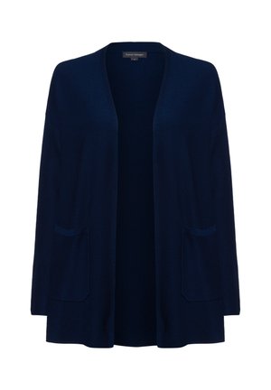 Marineblauer offener Cardigan aus strukturiertem Strickstoff, mit zwei Fronttaschen und einer entspannten, lockeren Form.