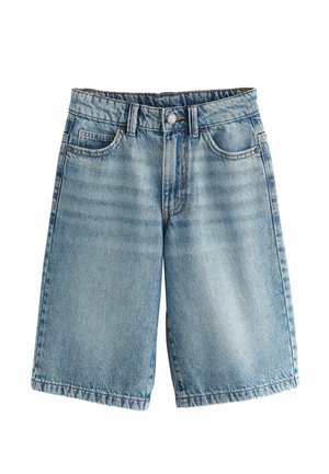 Light blue denim shorts with front button and zipper, belt loops, and two front pockets, shown on white background.