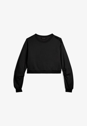 Felpa nera cropped con maniche lunghe, scollatura rotonda, polsini a coste e un logo discreto in stampa testurizzata sulla spalla.