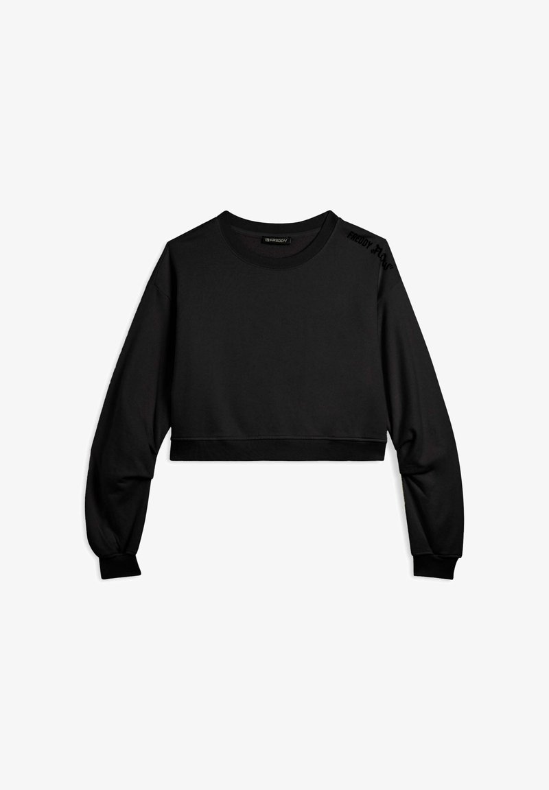 Sudadera corta negra con mangas largas, cuello redondo, puños acanalados y un sutil logo en un estampado texturizado en el hombro.