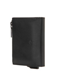 Portafoglio in pelle nera con bordi cuciti, design slim e logo impresso con discrezione. Presenta una chiusura a zip e slot per carte all'interno.