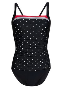 Schwarzes Badeanzug mit weißen Punkten, rotem oberen Panel, dünnen Trägern und geraffter Textur. Enthält einen einfarbigen schwarzen Boden und subtile horizontale Streifen.