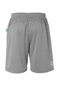 Grijze sportshorts met een elastische tailleband, twee achterzakken en een klein logo op de rechteronderkant. Gladde stoftextuur.