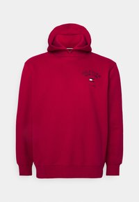 Červená mikina s kapucí, šňůrkou a přední klokaní kapsou. Obsahuje nápis a logo "HILFIGER NEW YORK" na hrudníku, vyrobená z měkké, zdrsněné látky.