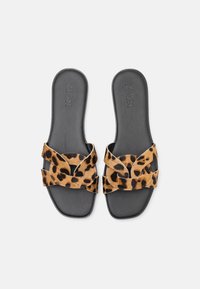 Leopard print slides with black faux leather soles and crisscrossed straps. Soft texture with distinct animal pattern details.